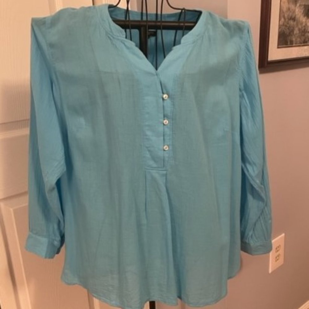 Talbots Light Blue Long-Sleeve Henley Blouse